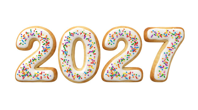 Set of four delicious gingerbread numbers forming year 2027, adorned with sweet white icing and bright party sprinkles.