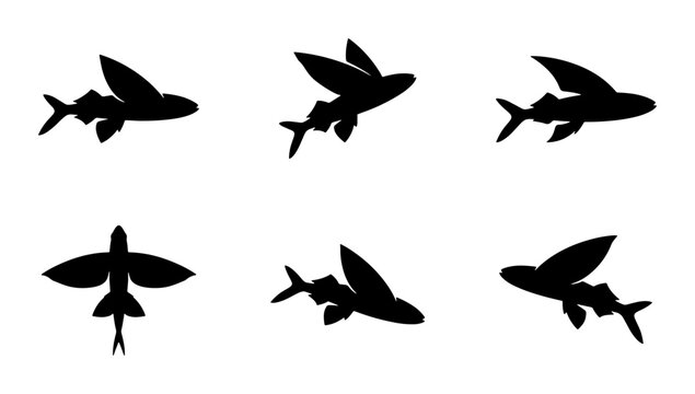 Flying Fish Silhouettes, Aquatic Life, Marine Fauna, Ocean Creatures, Vector Set