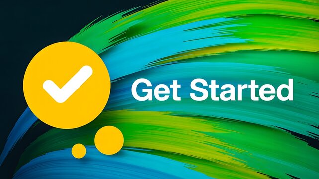 Yellow get started button icon on colorful abstract background for user interface