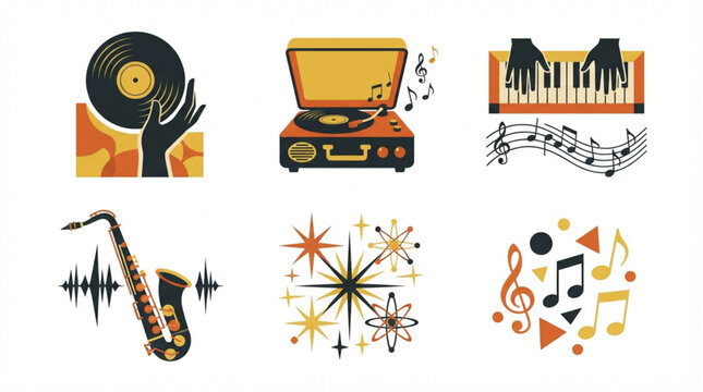Mid century modern music elements flat vector set with vinyl turntable and jazz instruments