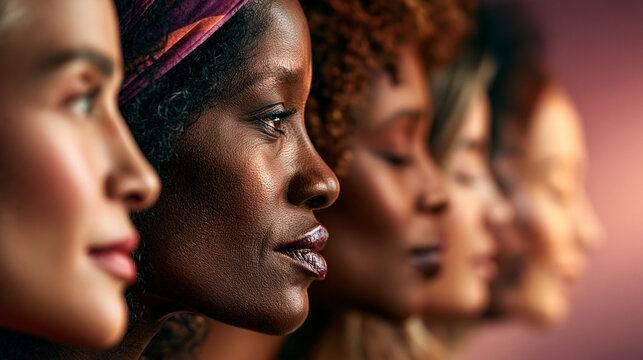 Side profile portraits of diverse women showing varying skin tones and textures