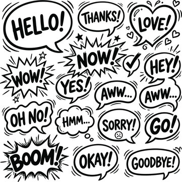 Black and white comic speech bubbles with exclamations