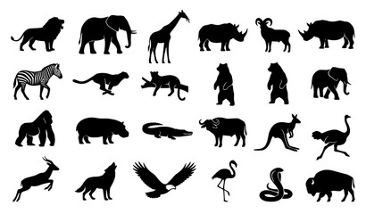 Safari and Wild Animal Silhouette Collection Vector Icons on White Background © Md