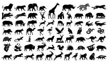 Fototapeta premium Wild Animal Silhouette Vector Set Lion Elephant Giraffe Safari Wildlife Collection on White Background