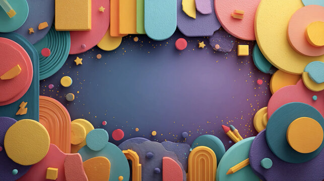 Dynamic back to school background with colorful shapes and academic symbols representing subjects creativity education energy classroom excitement and modern learning design