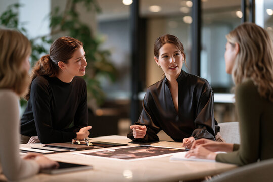 Female business leaders reviewing material samples maps and supplier scenarios showcasing supply chain continuity and operational resilience