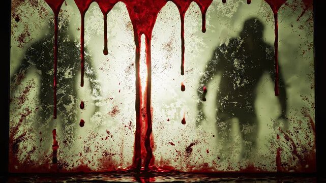 Eerie Dripping Thick Red Liquid Down a Dirty Frosted Glass Pane Setting a Cinematic Horror Murder Scene