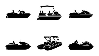 Watercraft Icons: Jet Ski, Pontoon Boat, Pedal Boat Silhouettes for Marine Recreation © Mainul