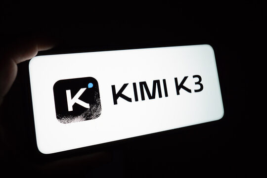 Qingdao,China-July.26.2026:Photo of a smartphone screen showing "KIMI K3" next to a Moonshot AI logo on a monitor.