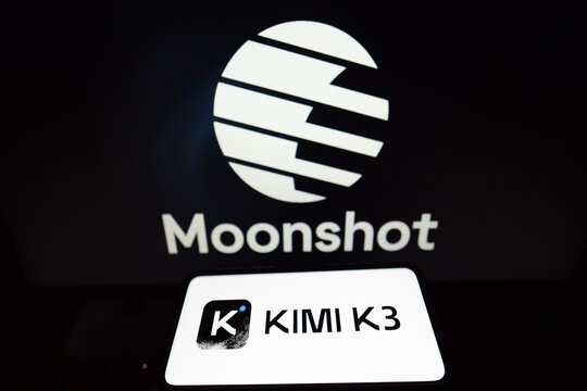 Qingdao,China-July.26.2026:Photo of a smartphone screen showing "KIMI K3" next to a Moonshot AI logo on a monitor.