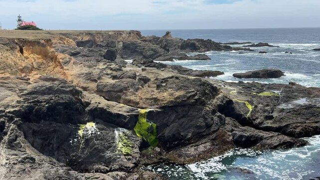 The coastal trail enjoying views of cliffs and the Pacific Ocean near Cabrillo Lighthouse in Mendocino