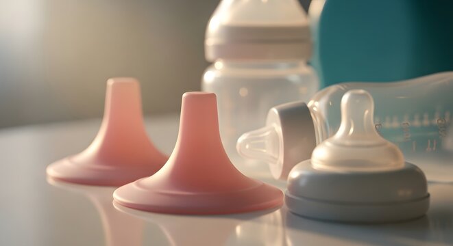 Baby feeding bottle nipples arranged on soft background