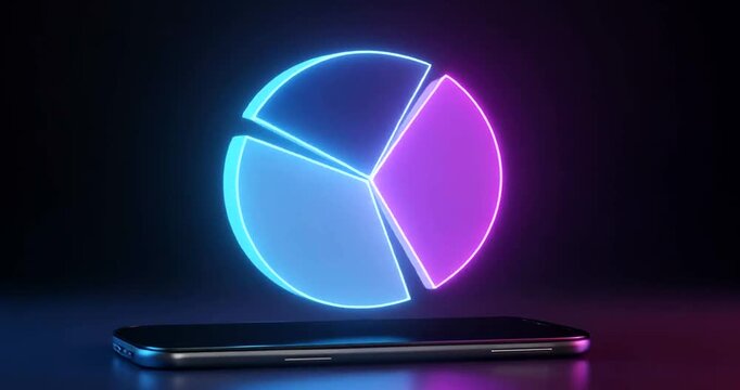 Neon glowing pie chart hologram rising above a modern smartphone screen in dark setting.