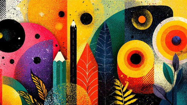 Dynamic back to school background with colorful shapes and academic symbols representing subjects creativity education energy classroom excitement and modern learning design
