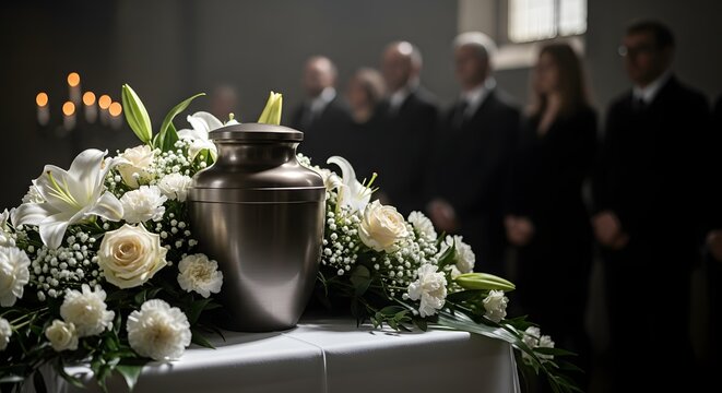 Funeral urn surrounded by flowers during remembrance ceremony