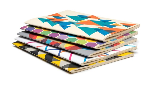Colourful pile of zines with bold geometric cover art on a white surface