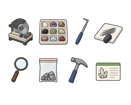Mineral Analysis Equipment Flat Icon Set Collection.