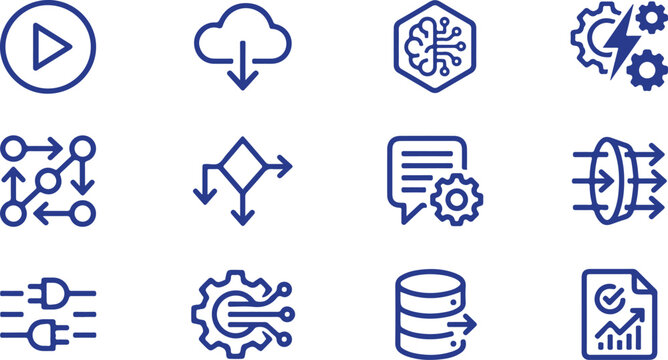  Deep learning data pipeline filtering software api integration cloud computing and business forecasting icon bundle