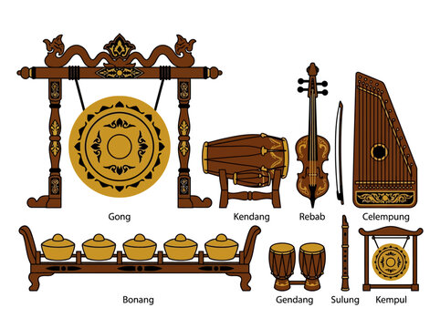 Traditional Indonesian Gamelan Musical Instruments Collection.