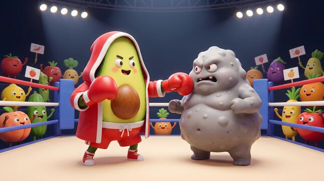 Cute cartoon 3D avocado fighting trans fat and cholesterol for national avocado day