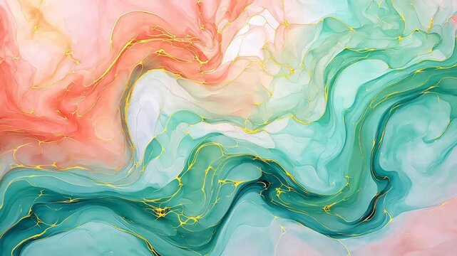 Digital coral and mint green watercolor marble abstract background