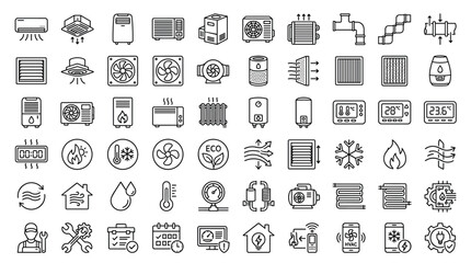Fototapeta premium HVAC system icons in a clean line art style for climate control and home comfort applications