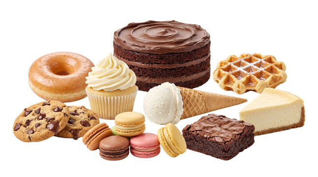 Assorted sweet desserts collection, chocolate cake and vanilla cupcake with ice cream cone, gourmet bakery treats and sugar snacks isolated PNG with Transparent Background