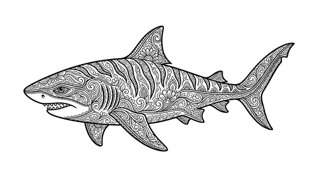Patterned great white shark line art vector.