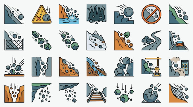 Clean Illustrated Icons Set of Rockfall and Landslide Hazards with Safety and Prevention Symbols