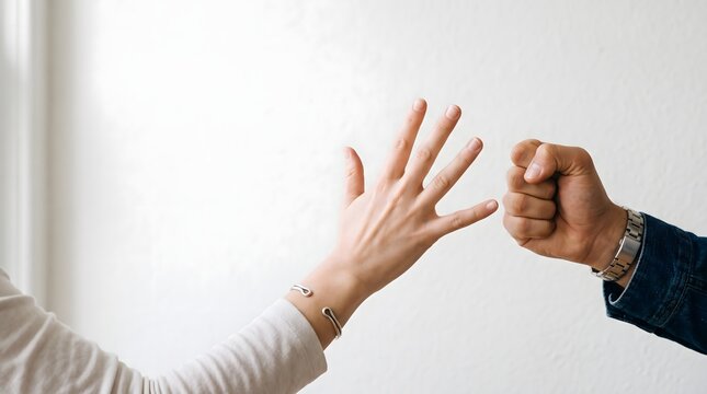 Man and woman hands showing paper and rock gestures on a bright wall
