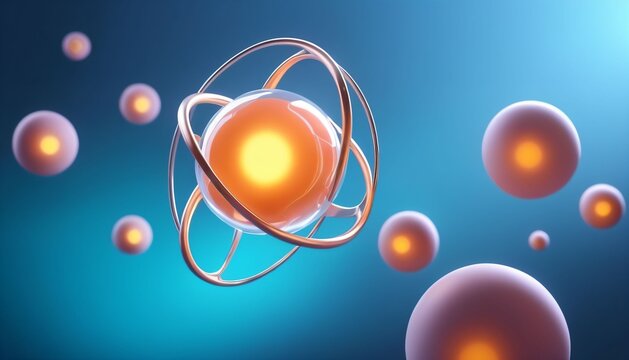 Atomic model with glowing nucleus and orbiting electrons