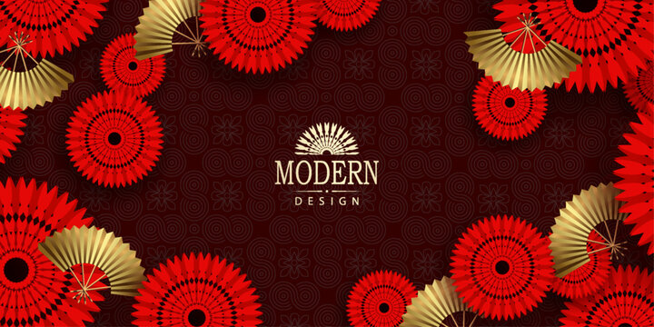 Stunning burgundy design with a Chinese pattern and golden fans.