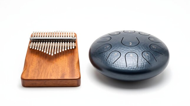 Wooden kalimba and blue steel tongue drum on a clean white background