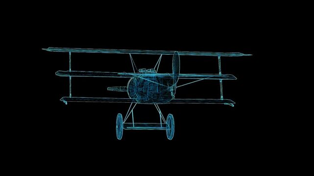 Detailed 3D HUD wireframe attack aircraft with 360-degree rotation, futuristic holographic blueprint for aviation and military visualization.