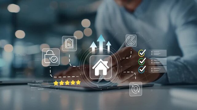 Businessman using laptop with animated house icon, property investment strategy, real estate growth, wealth building, digital property management, financial planning and modern business technology