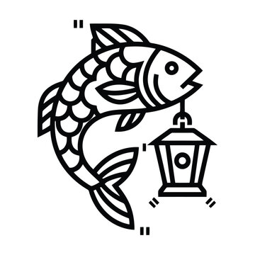 Detailed fish illustration holding vintage lantern vector isolated on white background