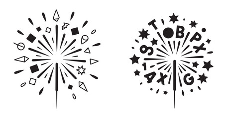 Obraz premium Pair of sparkler icons decorated with geometric shapes and alphabet letters for celebration graphic art.