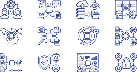  Artificial intelligence data classification system natural language processing and cloud file management line icons © MstShiuli