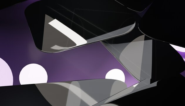 Glossy obsidian planes framing glowing violet light spheres