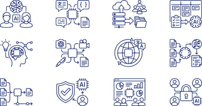  Artificial intelligence data classification system natural language processing and cloud file management line icons