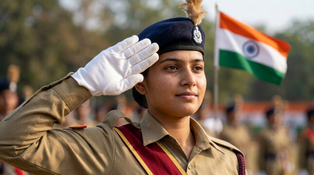 Young woman soldier salutes with Indian flag in background, patriotism, military service