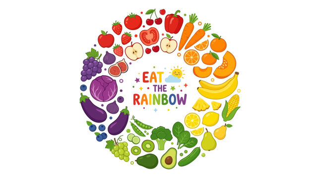 Circular spectrum of fruits and vegetables with text Eat the Rainbow promoting healthy organic nutrition and balanced diet