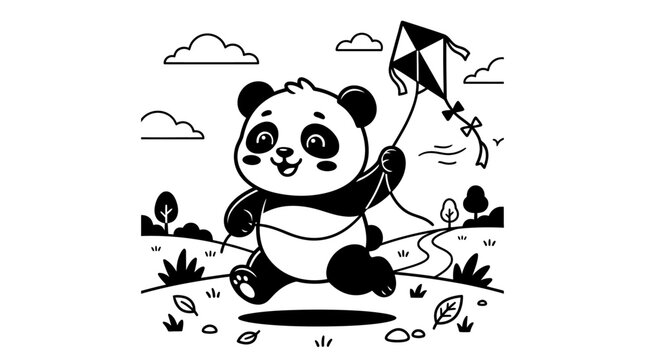 A cute cartoon panda running outdoors and flying a kite, in a black and white coloring page style.