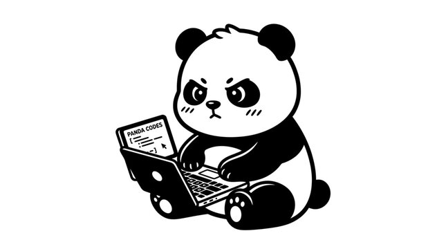 A cute, grumpy cartoon panda bear sits cross-legged, intently typing on a laptop with a determined expression.