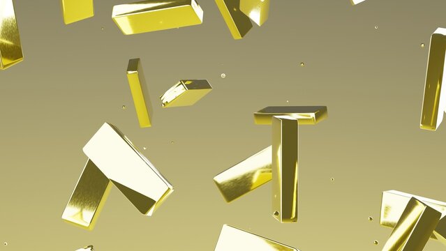 Shiny gold bars tumbling through a soft golden atmosphere