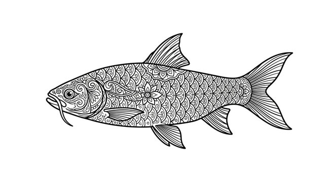 Stylized patterned fish line drawing for coloring.