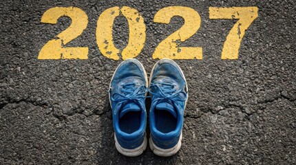 Fototapeta premium Blue Sneakers Placed On Asphalt Road With Year 2027 Painted.
