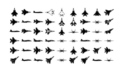 Fototapeta premium Black and White Fighter Jet Silhouette Vector Set with Military Aircraft Aviation Collection
