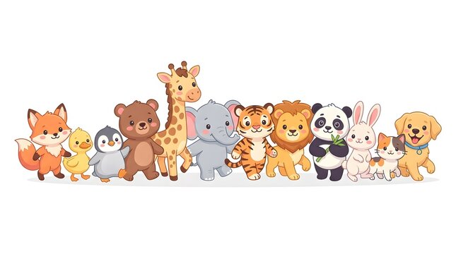 Cute wild and domestic animals group standing together in a row flat vector illustration, cartoon jungle zoo fauna set for kids design