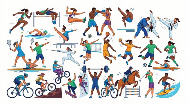 Large set of flat vector illustrations featuring diverse male and female athletes engaged in various professional sports and physical activities
